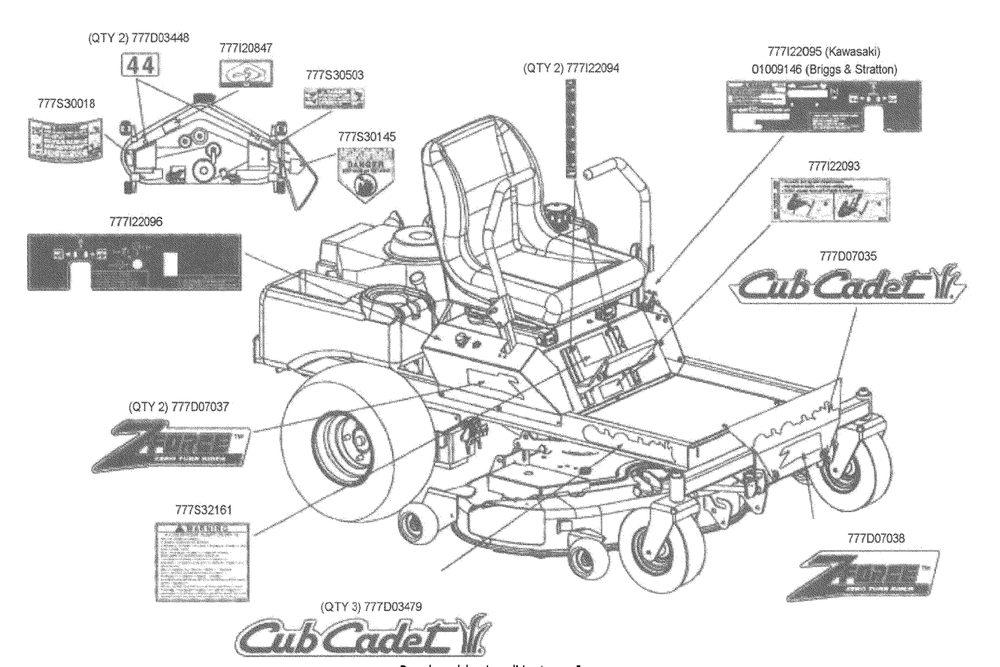 Decal Map Diagram and Parts List for Z-FORCE15 53AA5D2L100 Cub Cadet Lawn Tractor